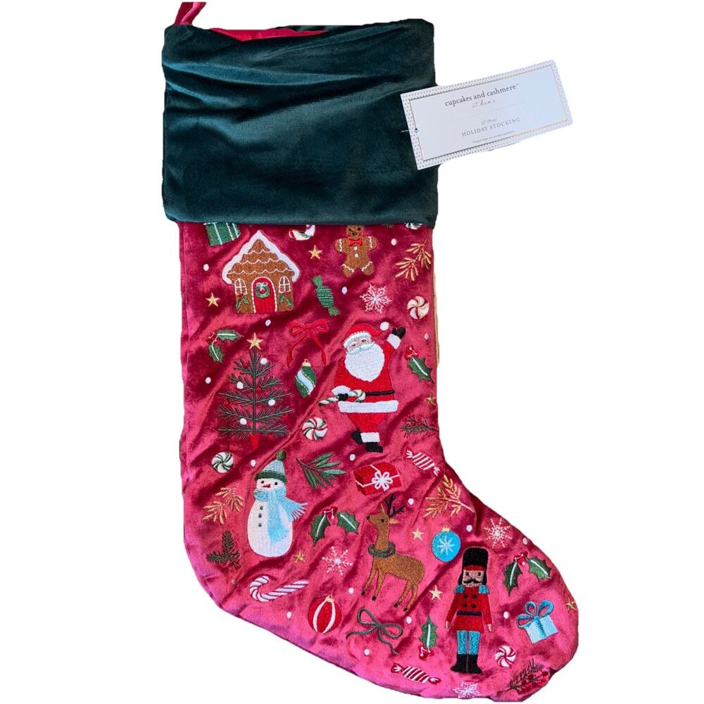Cupcakes & Cashmere Embroidered Red Velvet Stocking Christmas Santa Bow Tree 22"